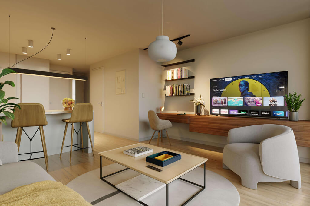 Comedor con doble altura y lámparas colgantes